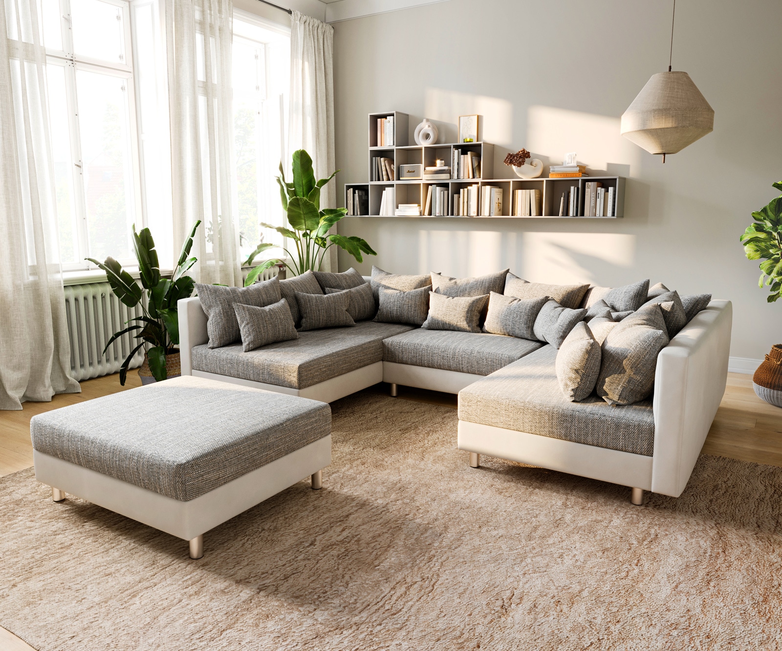 Wohnlandschaft Clovis Weiss Hellgrau Modulsofa Hocker