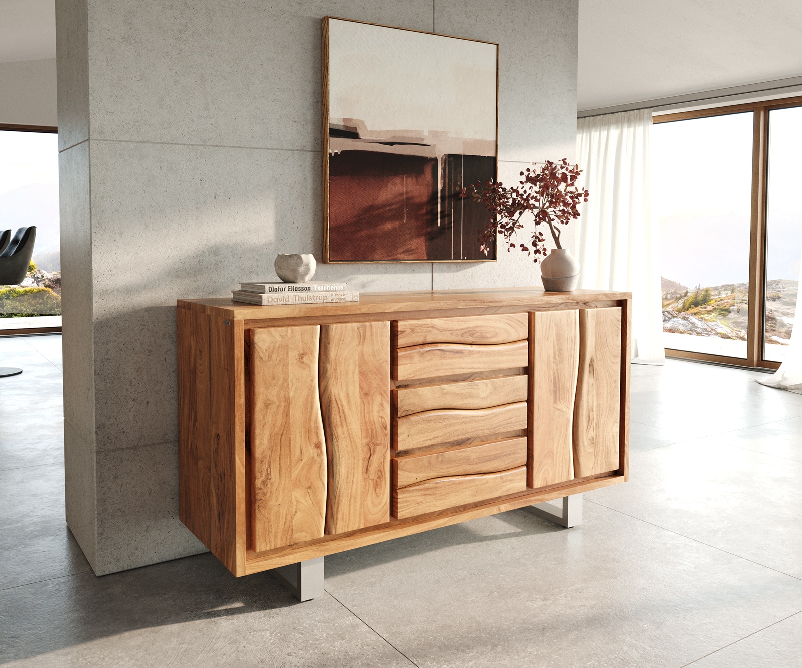 Sideboard Live-Edge 147 cm Akazie Natur 3 Schübe 2 Türen